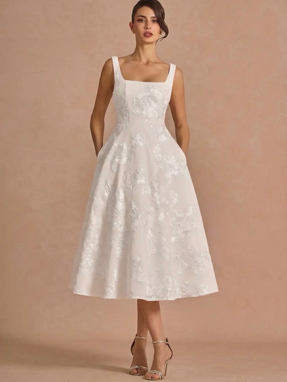 Azazie White Floral Square-Neck A-Line Dress